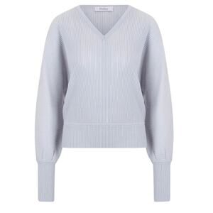 Max Mara NWT Borbona V-neck Ribbed Virgin Wool Sweater Blue Size S FLAW